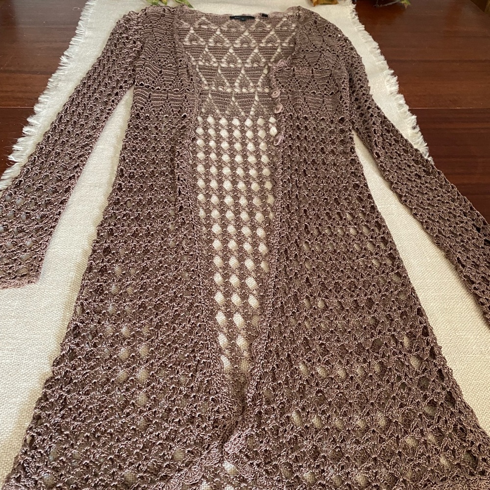 Gorgeous Taupe Crocheted Long Cardigan